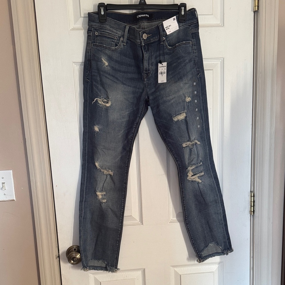 Express Dark Blue Distressed Cropped Jeans